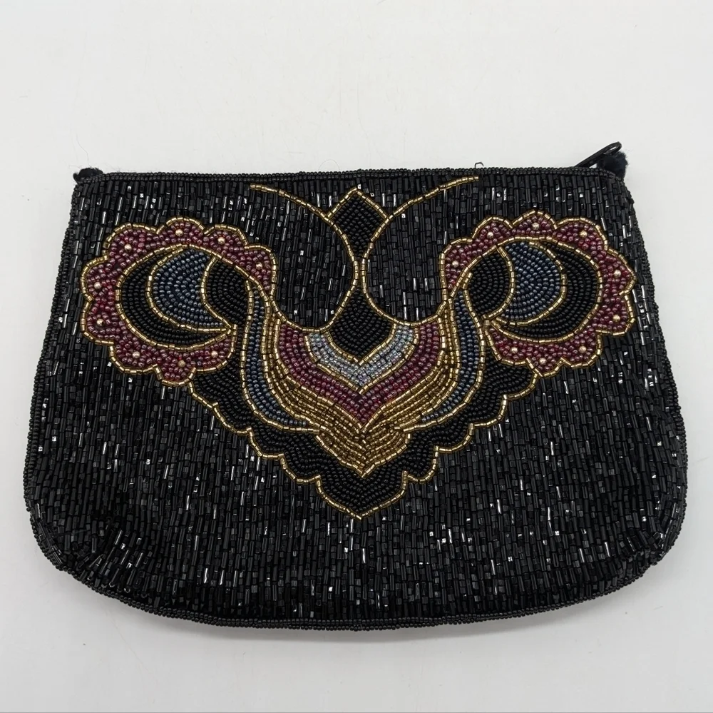 Vintage Small Fully Beaded Black Gold Red Zip Up Clutch Purse